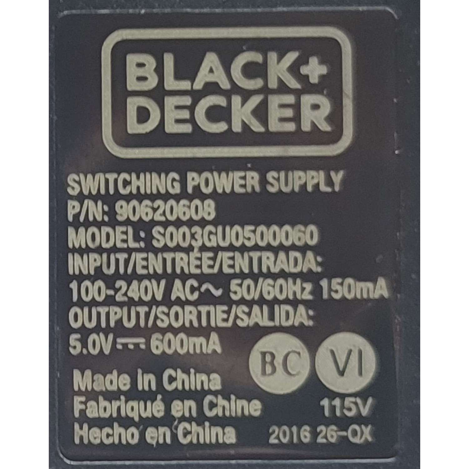 CARGADOR BLACK DECKER MICRO USB / NUMERO DE PARTE 90620608 / S003GU0600060 / 5.0V - 600mA	 - Imagen 2